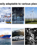 Bearing heater collage: six images of factory robotics, industrial interior, wind turbines, ship, car, and watch.