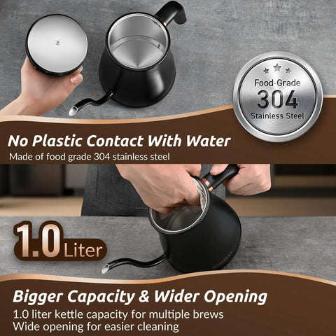 Gooseneck Electric Kettle 1L With Six Temperature Presets, 1200W Fast Heating, Auto Shut-Off, Keep-Warm, Stainless Steel Interior And Lid, Matte Black Finish For Pour Over Coffee And Tea