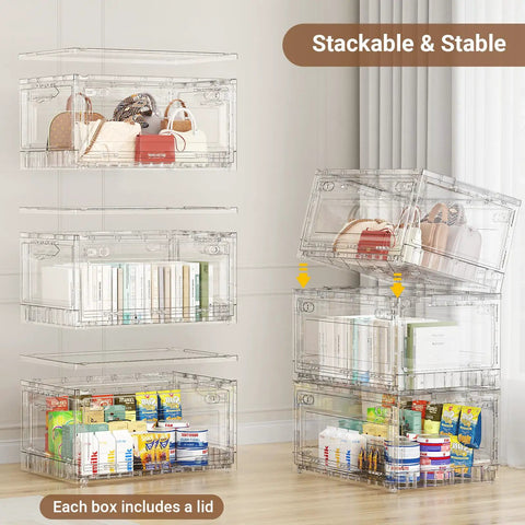 Premium Clear Storage Bins With Smooth Rolling Wheels, Foldable Closet Organizers For Home Office Or Garage, Stacking Drawers That Are A Total Game Changer, Hella Sturdy 4 Pack displayed stacked with various items.
