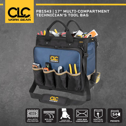 Heavy Duty Pro Grade Tech Tool Bag With Molded Base And Multi-Compartment 17 Inch Carrier Black Blue For Power Tools Bits Wrenches And More 1680D Ballistic Construction Durable Exterior And Padded Interior For Quick Tool Access with tools visible