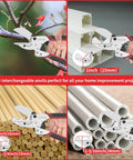 Adjustable Ratchet Miter Shears For Precise Multi Angle Cutting Of Quarter Round Shoe Molding And PVC Trim With Five Interchangeable Anvils And SK5 Blade For Pro Grade Cutting Ideal For Home Renovation And DIY Projects To Reduce Wrist Fatigue shown cutting various materials.