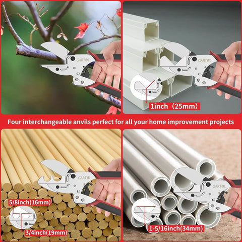 Adjustable Ratchet Miter Shears For Precise Multi Angle Cutting Of Quarter Round Shoe Molding And PVC Trim With Five Interchangeable Anvils And SK5 Blade For Pro Grade Cutting Ideal For Home Renovation And DIY Projects To Reduce Wrist Fatigue shown cutting various materials.