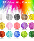 15 colors of mica powder displayed in circular swatches with labels, including Pearl White, Silver Gray, Black, and more.