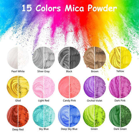 15 colors of mica powder displayed in circular swatches with labels, including Pearl White, Silver Gray, Black, and more.