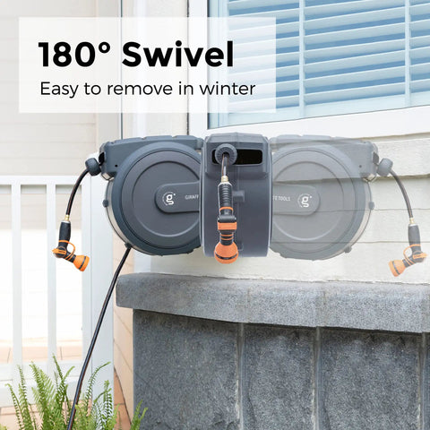 Retractable Garden Hose Reel With 5/8 Inch 90 Foot Hose, Wall Mounted With 180 Degree Metal Bracket shown on house exterior