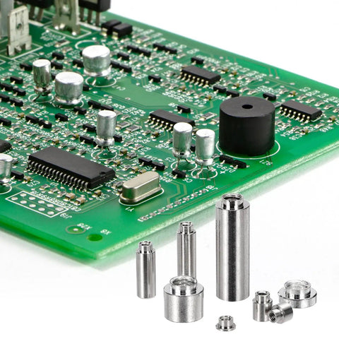 Top Shelf Nickel Plated Copper Weld Nuts M5 Thread For PCB Electronics Assembly on green circuit board with components.