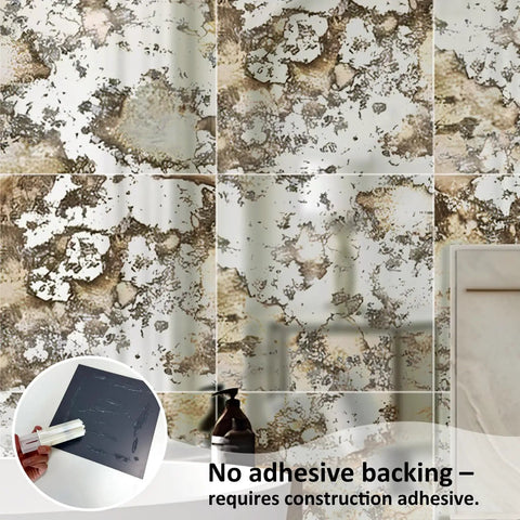 Silver Antique Acrylic Wall Panels Set, 12 Pieces, 11x11 Inches Each, featuring rustic rust pattern, image showing installation demo.