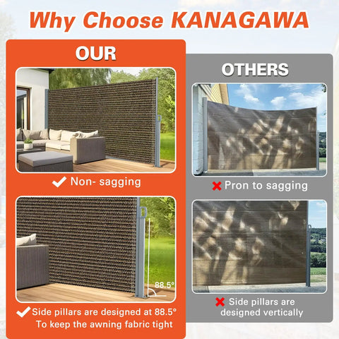 Comparison of Kanagawa 71 Inch By 118 Inch Retractable Side Awning Folding Privacy Screen Waterproof And UV Resistant Outdoor Shade Divider for Patio Garden Balcony And Commercial Use Mocha Easy Setup with competitor's sagging alternative.