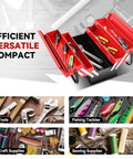18 Inch Metal Tool Box With 3 Layer Folding Cantilever Tray System, 5 Drawers, showing open trays with tools inside.