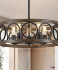 Black 22 Inch Drum Chandelier With Wood Grain Finish Modern Farmhouse Pendant Light Dope 5 Lights Round Hanging Fixture For Dining Room Living Room And Kitchen Sloped Ceiling Compatible.