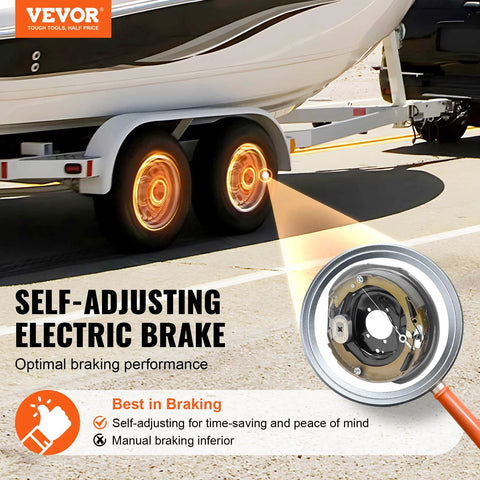 Installed VEVOR self-adjusting electric trailer brake assembly (12x2 in) for 7000 lb axle; two brakes shown