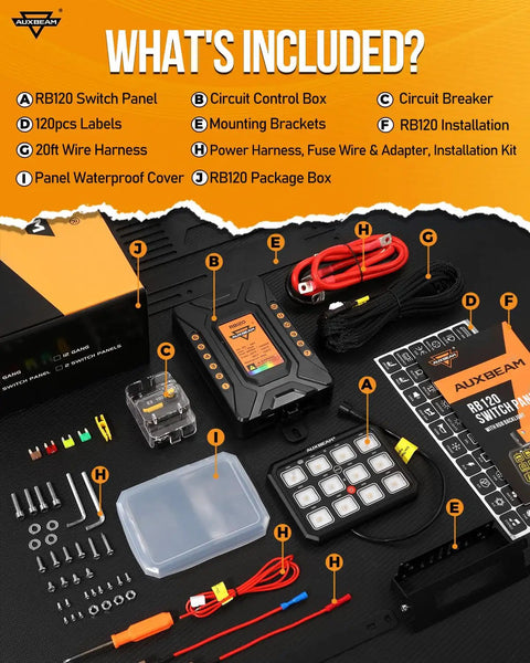12 Gang Switch Panel With RGB Backlight RB120 Toggle Momentary Pulsed Dimmable Multifunction Panel Two Sided Output For 12 24V Trucks Off Road UTV ATV Car Marine Waterproof 2 Years Warranty components and packaging