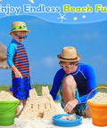 Children playing with Foldable Beach Sand Toy Bucket Set Kid And Adult Friendly Fun Jumbo Collapsible Sandbox Pail With Mesh Bag Multi Use