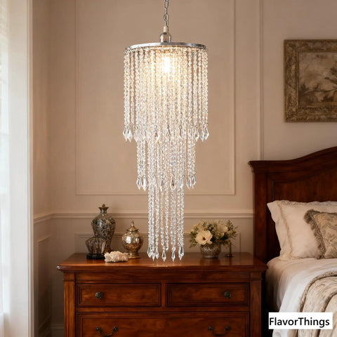Three Tier Sparkling Iridescent Acrylic Beaded Hanging Chandelier With Diamond Cut Beads, 10.25 Inch Diameter By 30 Inch Tall Indoor Lighting, Crystal Pendants, Modern Glam Vibe in bedroom