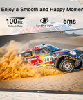 24 Inch Full HD 100Hz Monitor With HDMI And VGA Ports HDR10 FreeSync Low Blue Light Anti Glare Eye Care Ultra Slim VESA Mount Ergonomic Tilt 5 Degrees To 22 Degrees Game Ready For Home Office And Gaming Cable Included showing a racing car on screen