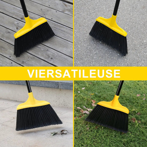 3 Pack 54 Inch Heavy Duty Rugged Outdoor Brooms With Four Layer Stiff Bristles, shown on different surfaces for versatile use.