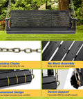 Image of an upgraded patio wooden porch swing for courtyard and garden, heavy duty 880 lbs swing chair bench with adjustable chains for outdoors, ergonomic comfort for a comfy sit, black finish, 5 feet.