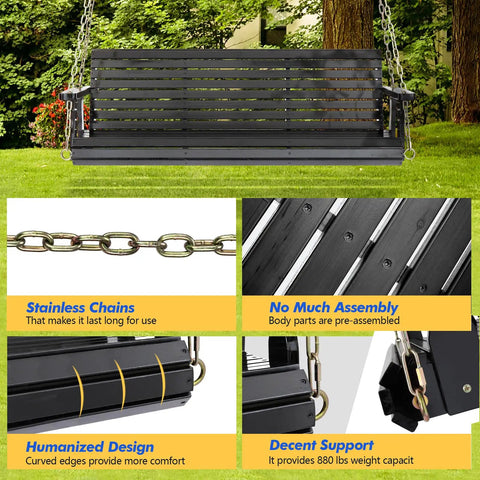 Image of an upgraded patio wooden porch swing for courtyard and garden, heavy duty 880 lbs swing chair bench with adjustable chains for outdoors, ergonomic comfort for a comfy sit, black finish, 5 feet.