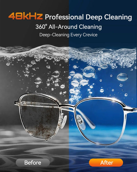 Before and after cleaning eyeglasses with 48KHz Ultrasonic Jewelry Cleaner Pro Grade Deep Cleaning Machine With 20oz 304 Stainless Steel Tank Dual Modes And LED Display For Jewelry Eyeglasses Watches Dentures Retainers And More Black.