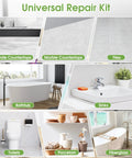 Image of Universal Repair Kit applications including granite countertops, marble countertops, tiles, bathtub, sinks, toilets, porcelain, and fiberglass surfaces.