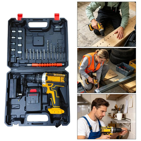 All In One Cordless Drill Driver With Rechargeable Battery Multiple Drive Modes And Adjustable Torque, compact kit for DIY tasks.