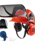 Pro-Grade All-In-One Six-In-One Chainsaw Helmet Kit With Mesh Face Shield And Earmuff Hearing Protection For Forestry Work ANSI Z89.1 Type I Class C Certified Arborist Hard Hat Orange with accessories bag and bandana.