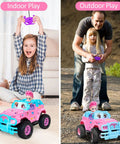 Girls playing indoors and outdoors with Pink 1:20 Scale RC Truck With DIY Stickers And Doll, Full-Function Remote Control Car.