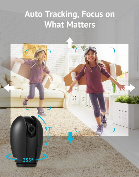 Indoor All-In-One Home Security Cam For Baby Monitoring And Pet Surveillance, 360 Degree Pan Tilt in a living room setting