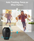 1080P Indoor Security Camera For Home Surveillance With 360 Degree View Two Way Audio Night Vision Easy App Access SD And Cloud Storage Alexa Compatible Ideal Baby Monitor And Pet Cam shown auto-tracking a child in a living room.