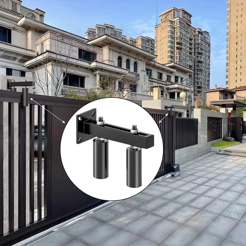 Six Inch Slide Gate Guide Roller With Black Steel Bracket Adjustable UHMW Nylon Rollers Up To Five Point Five Inches Heavy Duty installed on driveway gate