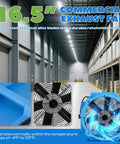 16.5 Inch Axial Blower Exhaust Fan in a warehouse, showing aluminum alloy blades and rotomolded housing with 4000 CFM airflow.