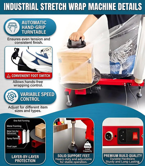 Heavy Duty Electric Stretch Wrap Dispenser Packing Station For Super Fast And Zero Sweat Box Wrapping With 220V Wall Setup and 30 Rpm motor in use.
