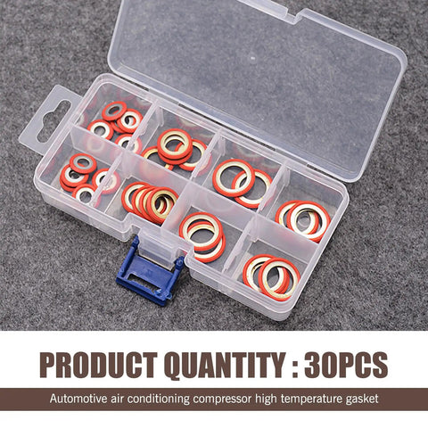 Heavy Duty 30 Piece AC Gasket And O Ring Combo Kit For Car And Truck Air Conditioning Compressor Seals high heat leak proof in storage box.
