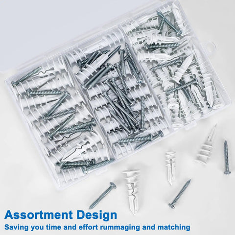 Heavy Duty Self Drilling Drywall Anchors And Screws Kit With 114 Pieces displayed in a clear organizer, featuring anchors and matching screws.