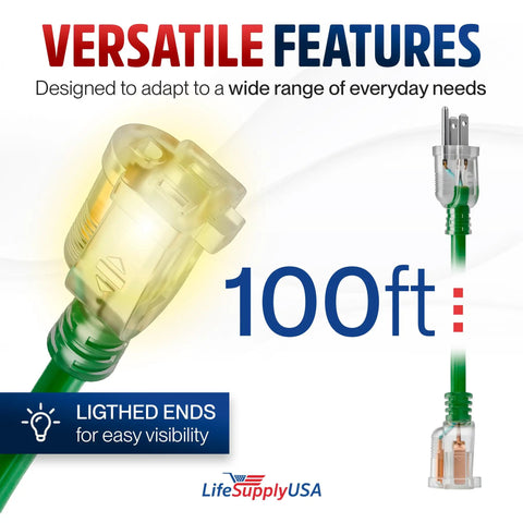 Built Tough For The Daily Grind Heavy Duty 100 Foot Extension Cord with lighted plug ends for visibility.