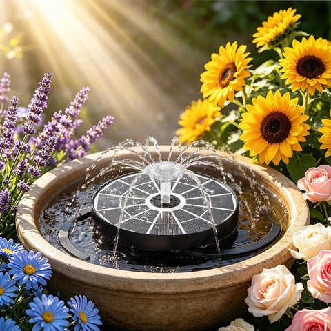3.7W Solar Bird Bath Fountain Pump With 7.1 Inch Spray Height No Fuss Solar Powered Water Fountain for garden decor in flower setting
