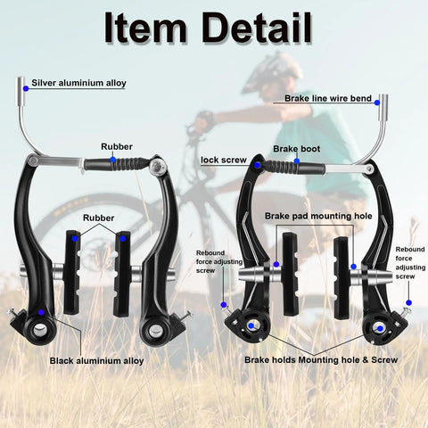 Beefed Up All In One V Type Bike Brakes Set with illustrated parts including brake pads, wire, and screws shown in detail.