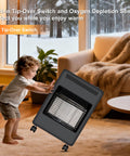 Child inspecting foldable propane patio heater with 18000 BTU gas radiant heat for outdoor and indoor use built in ignition