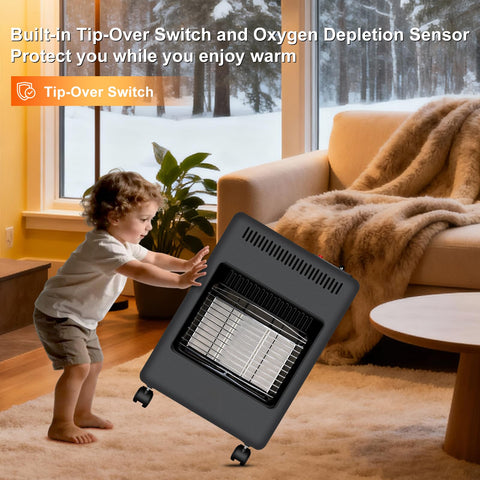 Child inspecting foldable propane patio heater with 18000 BTU gas radiant heat for outdoor and indoor use built in ignition