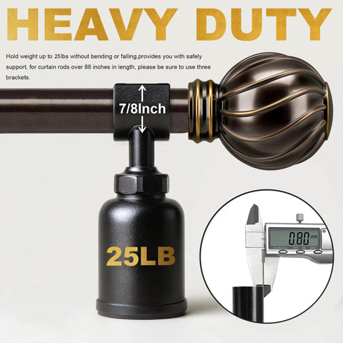 Bronze Curtain Rods for Windows Adjustable 48 to 84 Inches Heavy Duty Diameter Seven Eighths Inch Brown Finish with weight test