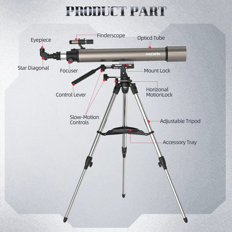 102mm Aperture Astronomy Telescope With 900mm Focal Length Dual Slow Motion Rods on adjustable tripod for sky viewing