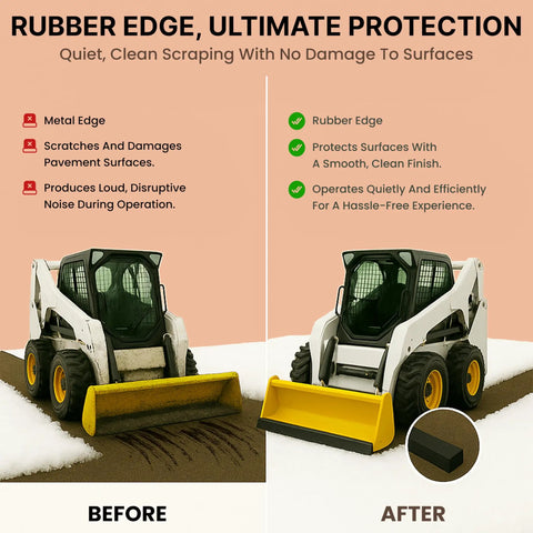 Image comparing Heavy Duty Rubber Cutting Edge For Snow Plow 60 Inch Wide By 4 Inch High from metal to rubber edge, showing no damage to surfaces.