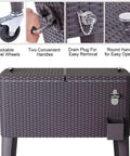 80 Quart Rattan Rolling Cooler Cart For Outdoor Patio Parties On Wheels With Brown Wicker Finish Keeps Drinks Cold For Up To 36 Hours A Portable Beverage Bar And Beach Chest showing lockable wheels, convenient handles, and round handle.