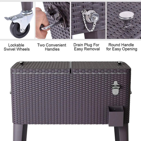80 Quart Rattan Rolling Cooler Cart For Outdoor Patio Parties On Wheels With Brown Wicker Finish Keeps Drinks Cold For Up To 36 Hours A Portable Beverage Bar And Beach Chest showing lockable wheels, convenient handles, and round handle.