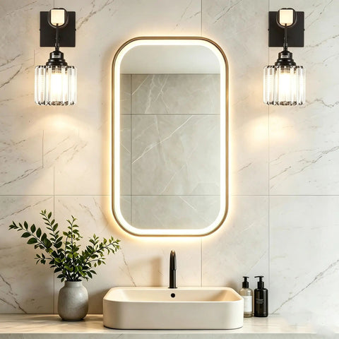 BANGANMA 2-Pack Black Farmhouse Hardwired Wall Sconces Crystal for Bathroom over a modern sink with a mirror and plants.