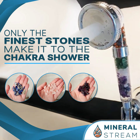 Chakra Showerhead Kit With Replacement Beads, Natural Therapeutic Crystals, Shower Arm Diverter, And 1.5m Hose in use