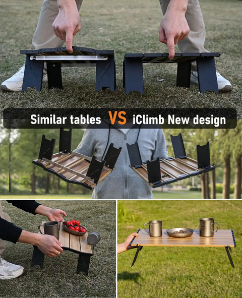 Comparison of similar tables versus Ultralight Compact Mini Beach Picnic Folding Aluminum Table With Carry Bag Nature Finish Flat Surface Durable Hinges Two Size Options S And M For Sand And Picnics, showing different designs in use.