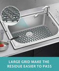 Big 30X16 Inch Silicone Sink Mat For Bottom Drain Flexible Non Slip Kitchen Sink Protector in gray inside silver sink