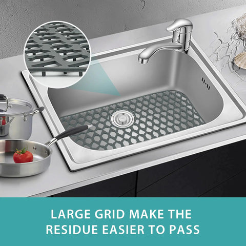 Big 30X16 Inch Silicone Sink Mat For Bottom Drain Flexible Non Slip Kitchen Sink Protector in gray inside silver sink