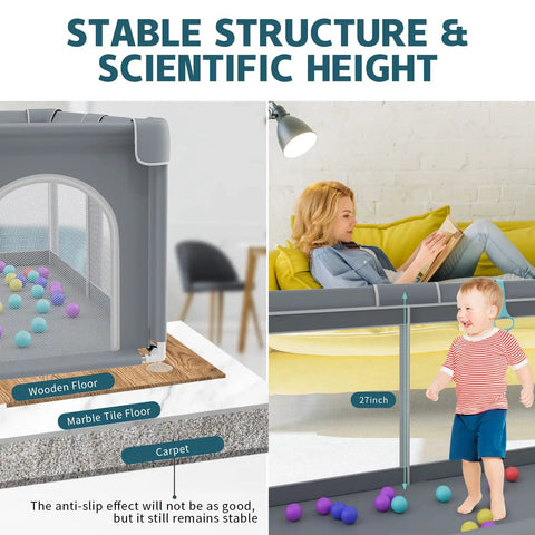 Ultra Safe Big Baby Playpen for indoor outdoor use, showing stable structure and scientific height with breathable mesh and safety fence.